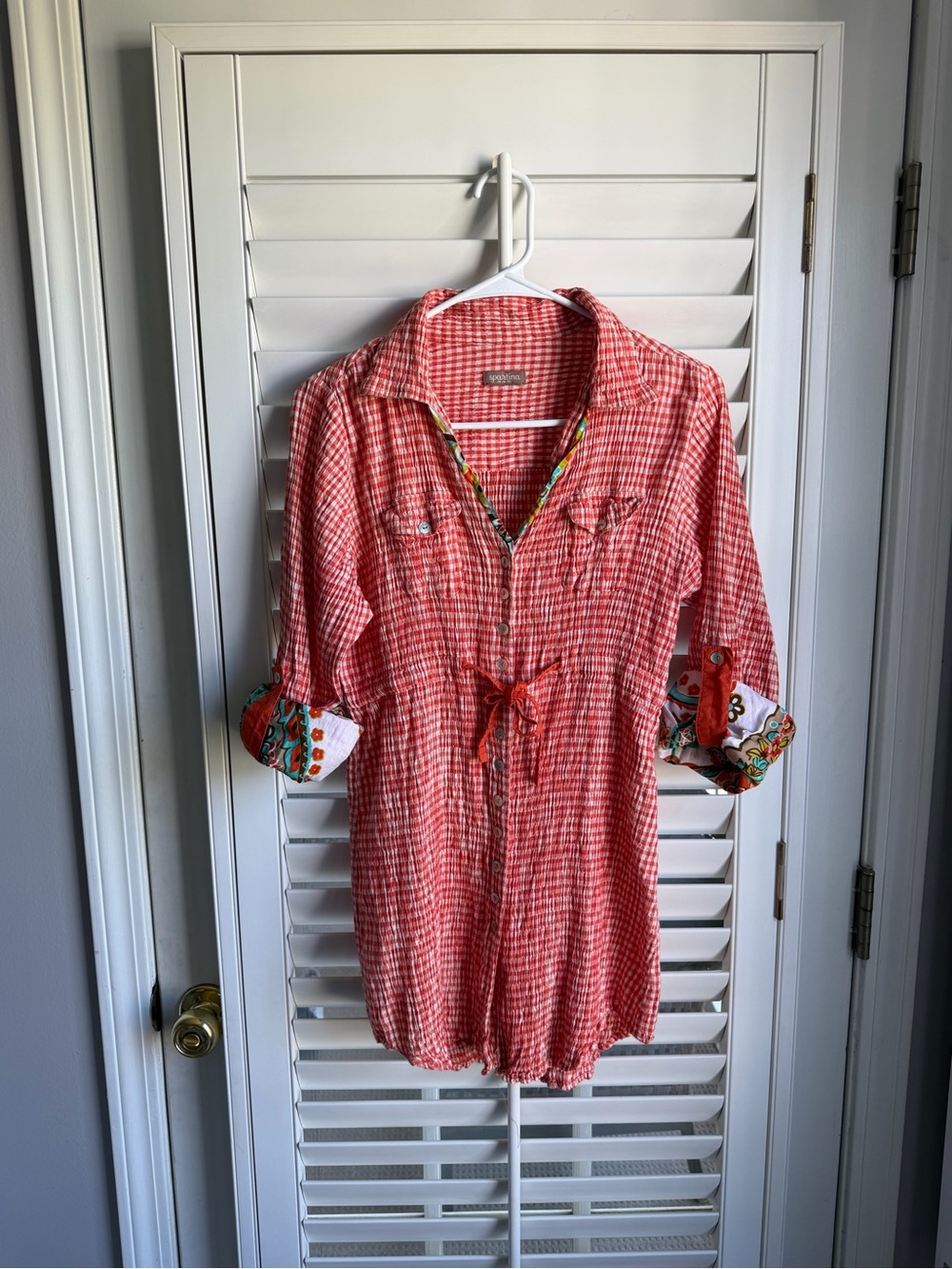 Spartina 449 orange + white gingham crinkle button down blouse roll sleeves